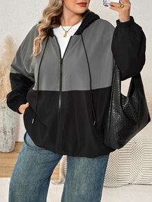 SHEIN CURVE+ 大尺碼女款拼色連帽寬鬆夾克，秋冬款 - 彩色 - 查看 6