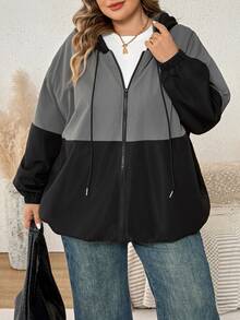 SHEIN CURVE+ 大尺碼女款拼色連帽寬鬆夾克，秋冬款 - 彩色 - 查看 9