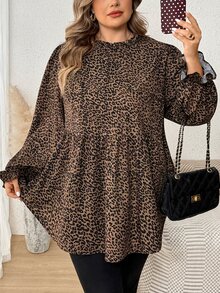 SHEIN CURVE+ Plus Size Casual Ruffle Collar Leopard Print T-Shirt, Autumn Leopard Print Top Fall - Brown - View 3