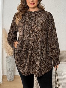 SHEIN CURVE+ Plus Size Casual Ruffle Collar Leopard Print T-Shirt, Autumn Leopard Print Top Fall - Brown - View 4