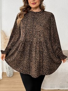 SHEIN CURVE+ Plus Size Casual Ruffle Collar Leopard Print T-Shirt, Autumn Leopard Print Top Fall - Brown - View 6