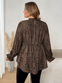 SHEIN CURVE+ Plus Size Casual Ruffle Collar Leopard Print T-Shirt, Autumn Leopard Print Top Fall - Brown - View 2