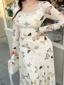 Feyla 大码蝴蝶印花蕾丝长袖连衣裙 - 彩色 - 查看 3