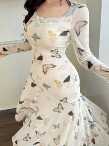 Feyla 大码蝴蝶印花蕾丝长袖连衣裙 - 彩色 - 查看 6