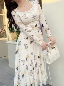 Feyla 大码蝴蝶印花蕾丝长袖连衣裙 - 彩色 - 查看 4