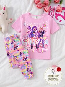 [隨機發送1套]女孩K-POP偶像夢幻印花UV光感夜光緊身睡衣套裝，韓系甜酷風，針織彈性面料，舒適柔軟圓領短袖與長褲2件式家居服，適合居家與戶外穿著 - 彩色 - 查看 4