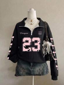 SHEIN EZwear 女款休閒復古半拉鍊寬鬆衛衣，秋冬服飾，數位印花，蝴蝶結印花，夏季服飾，街頭風，適合日常通勤、約會、派對、秋冬、夏季、派對、婚禮、海灘、畢業典禮、優雅、休閒、外出、Y2K、音樂節穿搭、返校服飾 - 彩色 - 查看 7