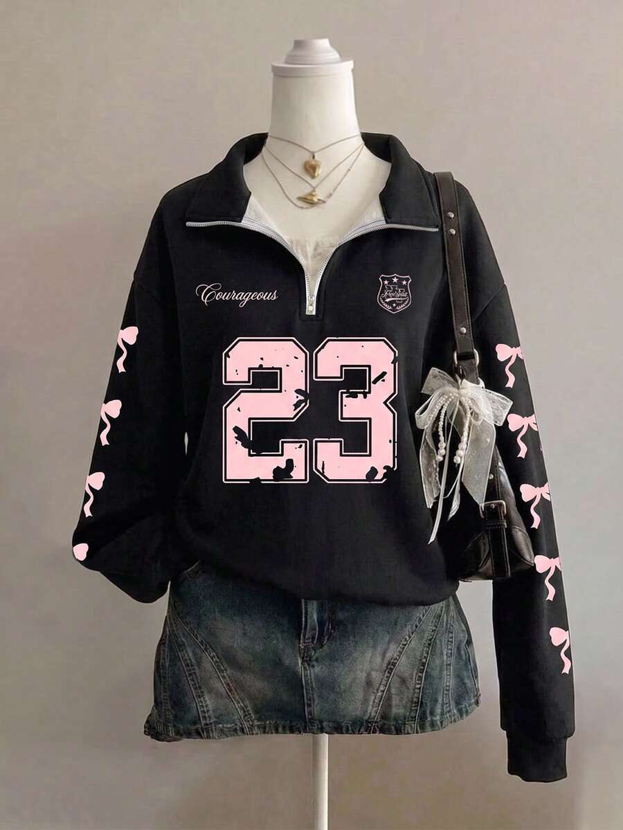 SHEIN EZwear 女款休閒復古半拉鍊寬鬆衛衣,秋冬服飾,數位印花,蝴蝶結印花,夏季服飾,街頭風,適合日常通勤、約會、派對、秋冬、夏季、派對、婚禮、海灘、畢業典禮、優雅、休閒、外出、Y2K、音樂節穿搭、返校服飾 - 彩色 - 查看 1