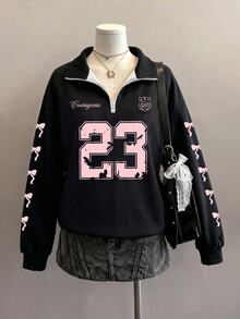SHEIN EZwear 女款休閒復古半拉鍊寬鬆衛衣，秋冬服飾，數位印花，蝴蝶結印花，夏季服飾，街頭風，適合日常通勤、約會、派對、秋冬、夏季、派對、婚禮、海灘、畢業典禮、優雅、休閒、外出、Y2K、音樂節穿搭、返校服飾 - 彩色 - 查看 5