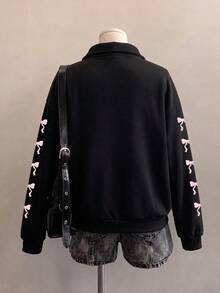 SHEIN EZwear 女款休閒復古半拉鍊寬鬆衛衣，秋冬服飾，數位印花，蝴蝶結印花，夏季服飾，街頭風，適合日常通勤、約會、派對、秋冬、夏季、派對、婚禮、海灘、畢業典禮、優雅、休閒、外出、Y2K、音樂節穿搭、返校服飾 - 彩色 - 查看 2