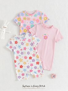 Cozy Pixies 女嬰花卉圖案條紋針織柔軟圓領短袖連身褲3件套 - 彩色 - 查看 2