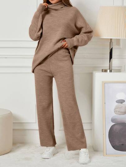 EURMUSE 2pcs Women Set: Solid High Collar Drop Shoulder Long Sleeve Sweater And Knit Long Pants, Casual,Petite,Winter Clothes