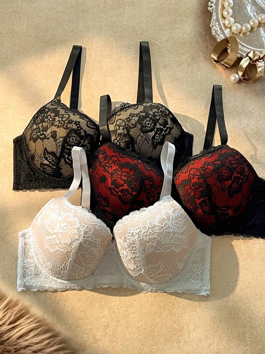 Snug Zone Plus Size Sexy Lace Underwire Bra 3 Pieces Set - Multicolor - View 1