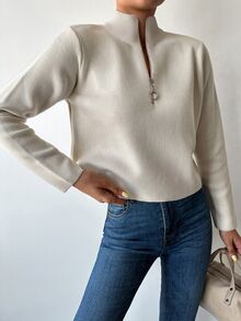 SHEIN Tall كنزة نسائية بلون موحد أساسية كاجوال بسحاب ربع مكتبي أبيض مائل للصفرة خريف - لون مشمشي - مشاهدة 6