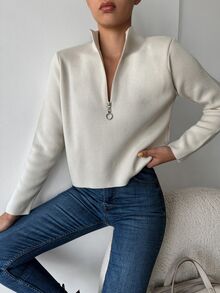 SHEIN Tall كنزة نسائية بلون موحد أساسية كاجوال بسحاب ربع مكتبي أبيض مائل للصفرة خريف - لون مشمشي - مشاهدة 2