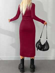 EURMUSE Autumn/Winter Casual Solid Color Turtleneck Fitted Knit Dress - Redwood - View 2