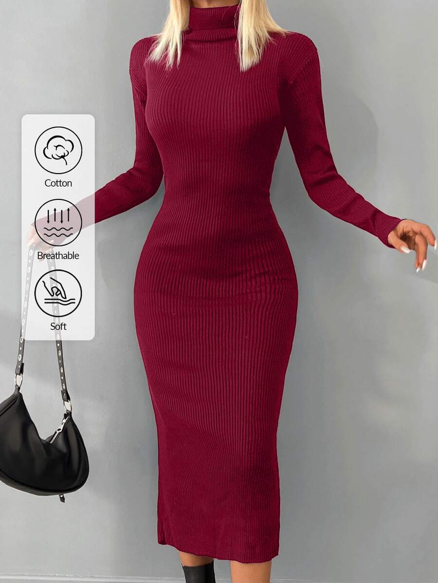 EURMUSE Autumn/Winter Casual Solid Color Turtleneck Fitted Knit Dress - Redwood - View 1