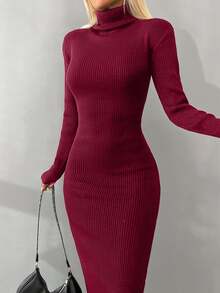 EURMUSE Autumn/Winter Casual Solid Color Turtleneck Fitted Knit Dress - Redwood - View 5