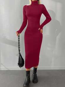 EURMUSE Autumn/Winter Casual Solid Color Turtleneck Fitted Knit Dress - Redwood - View 4