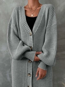 EURMUSE 女士休闲纯色灯笼袖开衫，秋冬 - 灰色 - 查看 4
