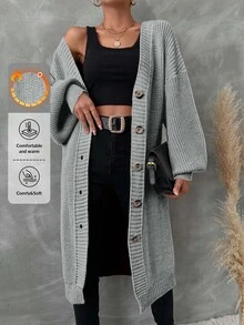 EURMUSE 女士休闲纯色灯笼袖开衫，秋冬 - 灰色 - 查看 1
