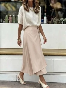 High-Waist Wrap Skirt With Side Tie Detail For Women - Beige - View 3