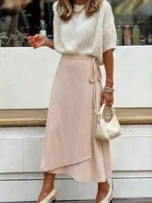 High-Waist Wrap Skirt With Side Tie Detail For Women - Beige - View 1