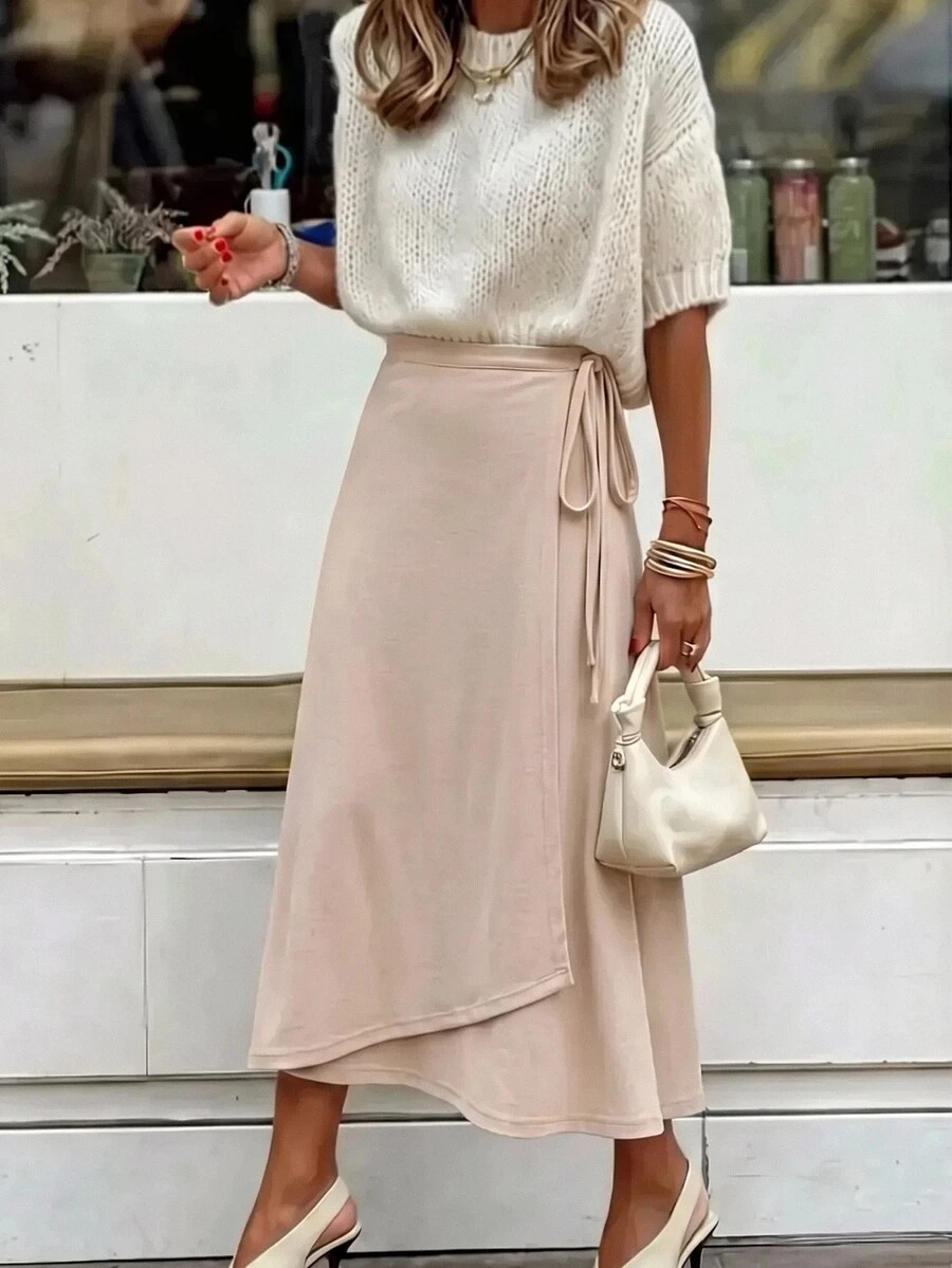 High-Waist Wrap Skirt With Side Tie Detail For Women - Beige - View 1