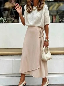 High-Waist Wrap Skirt With Side Tie Detail For Women - Beige - View 4