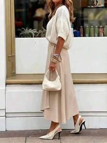 High-Waist Wrap Skirt With Side Tie Detail For Women - Beige - View 5
