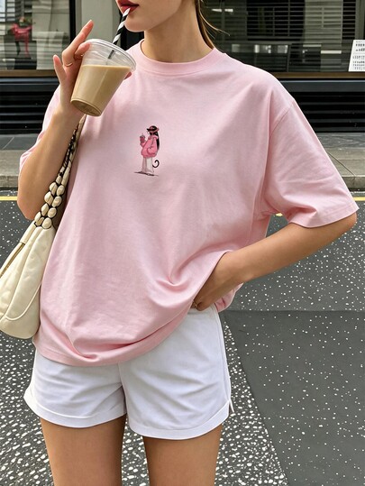 Women's Oversized T-Shirt With Pink Kitty Club Print – Pink, Crew Neck, Relaxed Fit, 100% Cotton