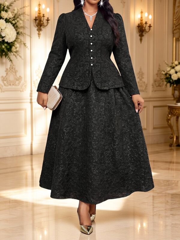 Fleurora Plus Size Vintage Elegant Jacquard Button Long Sleeve Jacket And Long Skirt Suit Set