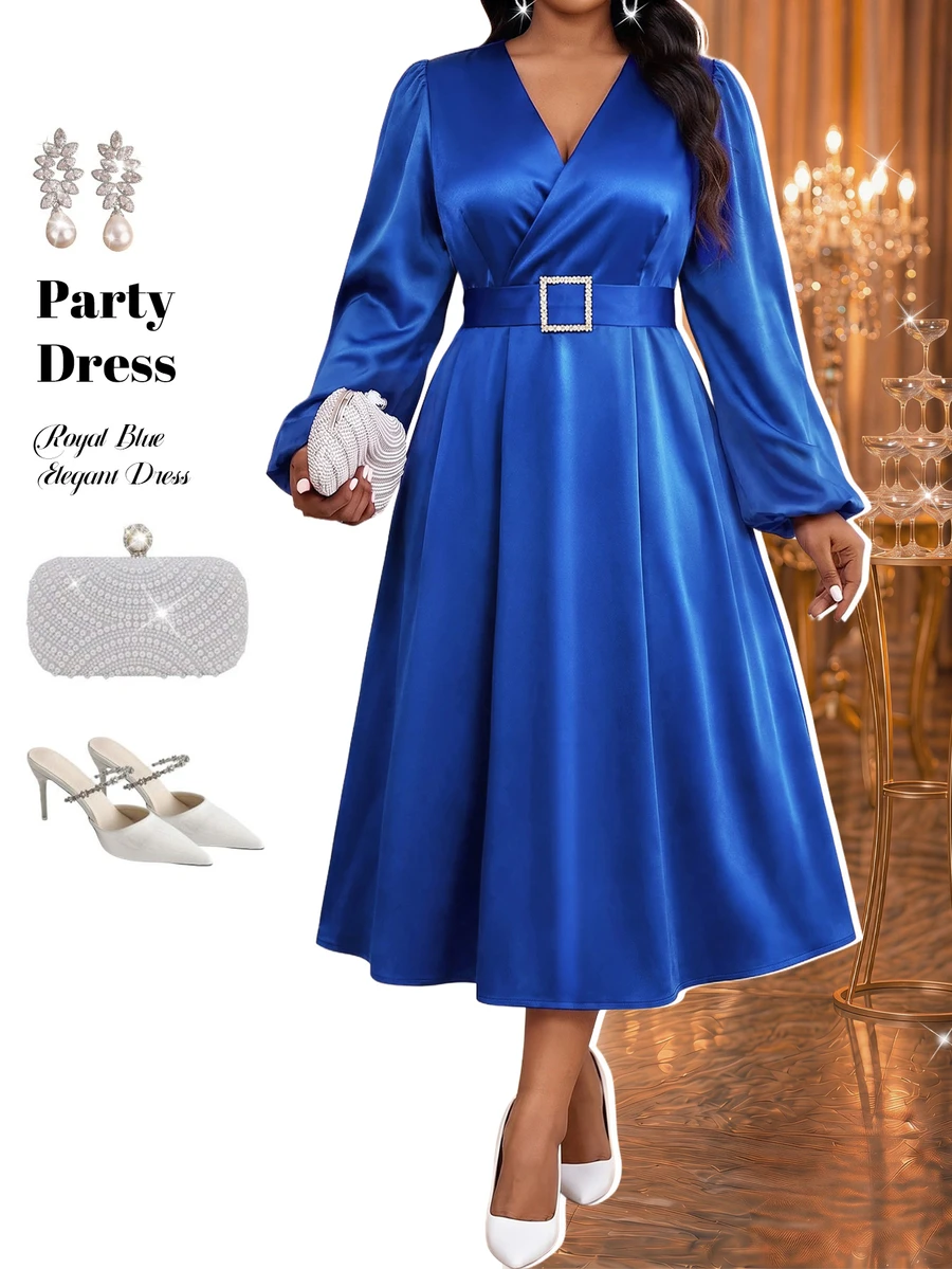 Fleurora Gaun Pesta Elegan Ukuran Besar Warna Polos untuk Musim Gugur - Royal Blue - View 1
