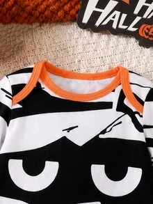 SHEIN 2件組男嬰連身衣帽子套裝，可愛黑白橘色木乃伊印花眼睛圖案條紋長袖圓領，萬聖節秋季保暖 Scoobydoo 褲襠按扣設計 - 彩色 - 查看 7
