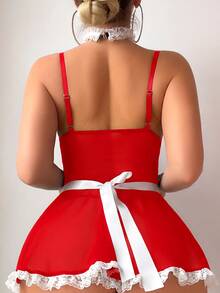 Fantasy Costume Fantasy Costume 性感女僕服裝 A字蕾絲網紗裙搭配魚網襪 5件套 - 紅色 - 查看 2
