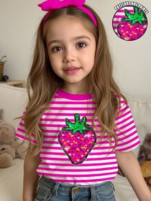 SHEIN Happikins Young Girl Casual Minimalist Round Neck Short Sleeve T-Shirt, Suitable For Summer - Multicolor - View 1