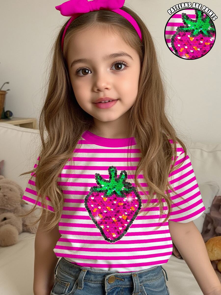 SHEIN Happikins Young Girl Casual Minimalist Round Neck Short Sleeve T-Shirt, Suitable For Summer - Multicolor - View 1