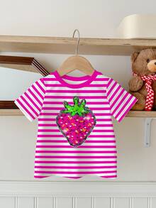 SHEIN Happikins Young Girl Casual Minimalist Round Neck Short Sleeve T-Shirt, Suitable For Summer - Multicolor - View 2