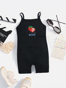 SHEIN LMoss Kids Baby Girl Casual Camisole Romper,Black White Striped Mini Floral Print Graffiti Y2K Kawaii Cute Summer Outfits,Family Matching - Black - View 2