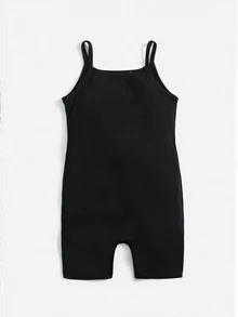 SHEIN LMoss Kids Baby Girl Casual Camisole Romper,Black White Striped Mini Floral Print Graffiti Y2K Kawaii Cute Summer Outfits,Family Matching - Black - View 3