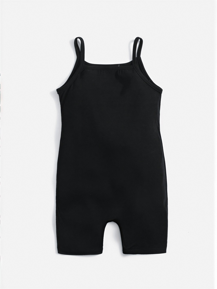 SHEIN LMoss Kids 女婴休闲简约卡通图案连体衣，适合夏季穿着 - 黑色 - 查看 3