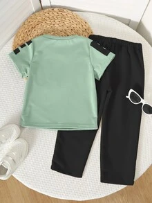SHEIN 2件裝小男孩休閒基礎百搭短袖上衣與長褲套裝，適合外出、上學、日常聚會，春/夏、冬、秋季穿搭，拉鍊設計，小男孩服飾，圓領運動衫套裝 - 彩色 - 查看 2
