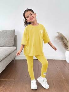 SHEIN Young Girls Summer Casual 2pcs/Set Letter Print Dropped Shoulder Round Neck T-Shirt And Pants Matching Mother-Daughter Outfit, Yellow - Yellow - View 4