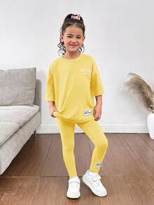 SHEIN Young Girls Summer Casual 2pcs/Set Letter Print Dropped Shoulder Round Neck T-Shirt And Pants Matching Mother-Daughter Outfit, Yellow - Yellow - View 6