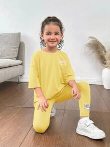 SHEIN Young Girls Summer Casual 2pcs/Set Letter Print Dropped Shoulder Round Neck T-Shirt And Pants Matching Mother-Daughter Outfit, Yellow - Yellow - View 5