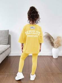 SHEIN Young Girls Summer Casual 2pcs/Set Letter Print Dropped Shoulder Round Neck T-Shirt And Pants Matching Mother-Daughter Outfit, Yellow - Yellow - View 1