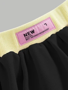 SHEIN Tween女孩夏季新款復古甜美YK2粉黃拼色純色短袖T恤與防走光裙套裝，女孩日常通勤百搭穿搭，適合日常通勤、優雅、派對、約會、家庭聚會、畢業典禮、度假穿著 - 黑色 - 查看 3