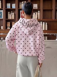 Muchica Pink Knitted Polka Dot Women's Hooded Long Sleeve Pullover Sweatshirt - Pink - View 2