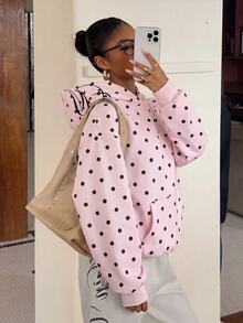 Muchica Pink Knitted Polka Dot Women's Hooded Long Sleeve Pullover Sweatshirt - Pink - View 5