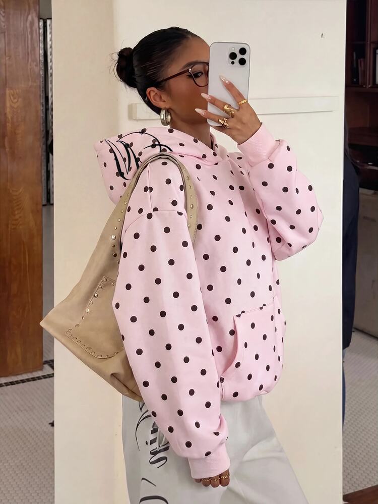 Muchica Pink Knitted Polka Dot Women's Hooded Long Sleeve Pullover Sweatshirt - Pink - View 5